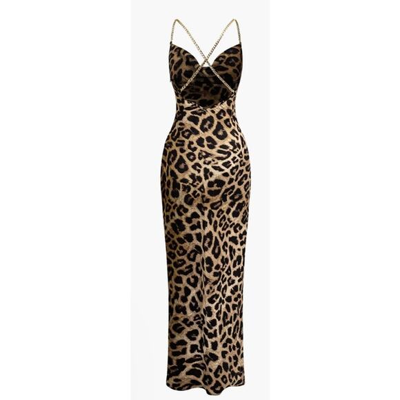 Micas Leopard Cross Gold Chain Cowl Beck Slit Slip Maxi Dress in Medium - Picture 5 of 7